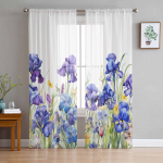 Iirise lille akvarell l&auml;bipaistvad kardinad elutoa kaunistamiseks, aknakardinad k&ouml;&ouml;ki, t&uuml;llist voilist organzast kardinad W135 x H115cm x1