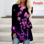 Sinine lilla 3D-prindiga liblikas pikkade varrukatega T-s&auml;rk naiste moodne kaelusega tuunikatopsid Naiste lilleline T-s&auml;rk hingav naiste T-s&auml;rk S