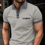 Meeste l&uuml;hikeste varrukatega polos&auml;rk, v&auml;rviline plokk, meeste spordipolos&auml;rk, top L hall v&auml;rv