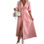 Naiste teksariidest pikk kleit V-kaelusega l&uuml;hikeste varrukatega n&ouml;&ouml;bitav maksikleit vabaaja teksakleit kevad-suveks S roosa