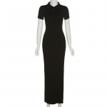 Suvine uus stiil soliidsete v&auml;rvidega vaba aeg mitmek&uuml;lgne spordikleit polo krae kontrastv&auml;rvi &otilde;huke pikk kleit S must