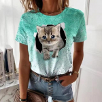 Suvised &uuml;mara kaelusega 3D kassipildiga pluusid, moodsad vabaaja l&uuml;hikeste varrukatega naiste T-s&auml;rgid S