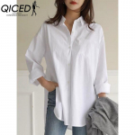 QICED Naiste mood vabaaja &uuml;hev&auml;rvilise tr&uuml;kiga pikkade varrukatega POLO kaelusega pluusid ja s&auml;rgid S valge