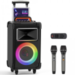 Karaoke masin 2 juhtmevaba mikrofoniga, 10-tolline bassik&otilde;lar, 500W tippv&otilde;imsus, suur kaasaskantav Bluetooth-k&otilde;lar bassi/k&otilde;rgete helide reguleerimisega, rattad ja k&auml;epide