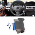 For BMW 1 3 Series E82 E87 E90 X1 E84 old 2011-2013 Car Steering Wheel Cover Leather Trim Black -red blue line with blue strip