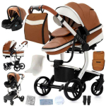 BAZARLAND30.Poussette 3 en 1 B&eacute;b&eacute; Combin&eacute;e Si&egrave;ge-Auto Nacelle Trio R&eacute;versible cuir pu Roues increvables Canne. MARRON
