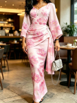 Naiste hele roosa lilleprindiga maksikleit Kimono varrukas V-kaeluse Ru&scaron;&scaron;itud Wrap v&ouml;&ouml;koht Bodycon Elegantne kleit XS