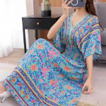 Puuvillane siidist kleit keskmise pikkusega rannakleit, suur lilleline boheemlaslik vaba vabaaja kleit V-kaelusega XXL