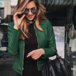 Naiste kevad-s&uuml;gis PU-jakk, t&otilde;mblukk, nahast mood, l&uuml;hikesed &otilde;hukesed massiivsed kardigan-&uuml;likonna topid XL roheline