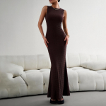 Naiste s&uuml;gistalvine seksikas, elegantne, liibuv, kootud kaelusega &uuml;hev&auml;rviline pikk kleit S pruun