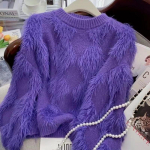 Imitatsiooniga naaritsafliisist pehme, kleepuva O-kaelusega disainiga sviiter naiste 2023. aasta s&uuml;gis/talv avara kootud kampsun One Size lilla