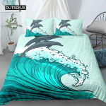 Ocean Wave tekikott Rand koos Foamy Waves kahe voodipesukomplektiga Pol&uuml;ester Sea Shore Holiday Theme Queen King Size tekikott, kolmeosaline komplekt EU single(135x200cm)