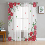 Roosa roos Romantiline Luksuslik t&uuml;llkardinad Moodne elutuba K&ouml;&ouml;k Sifoonkardin Magamistuba L&auml;bipaistev Valance kardin 135W x 114H(cm)x2