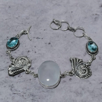 Natural Rainbow Moonstone,Blue Topaz 925 Sterling Silver Bracelet 7-8 a5l77