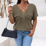 IHUASU Kevadsuvi Solid Color Plus Size Top T&otilde;mblukuga L&uuml;hikeste Varrukatega V&otilde;lts Tasku Pullover T-s&auml;rk lahtised naister&otilde;ivad 1XL must