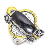 Natural Hypersthene Obsidian Stone 925 Sterling Silver Two Tone Ring S.10 k2f09