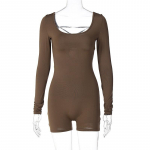 Uus pikkade varrukatega U-kaelusega paeltega seljaosaga selg paljastav seksikas naiste playsuit k&otilde;rge v&ouml;&ouml;kohaga push-up spordi jooga jumpsuit naistele slim fit kontoridaam vabaaja body 24426 S pruun