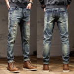 2024 Euroopa ja Ameerika Uued Retro Kulunud Teksap&uuml;ksid Meeste K&otilde;rge Kvaliteediga Kulunud Sirge S&auml;&auml;rega Nostalgilised Elastsed Denim P&uuml;ksid 28 gray