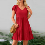 Naiste suvised vabaaja t&auml;iskork-varrukatega V-kaelusega astmelised volangidega taskutega kleidid L armee roheline v&auml;rv