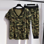 Suurusele Naiste Suvine Uus Kamuflaaž V-kaelusega L&uuml;hikeste Varrukatega T-s&auml;rk Caprid Slim Loose Komplekt XL black