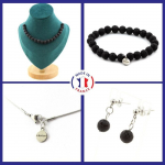 Pierres et Min&eacute;raux. Parure Bracelet Collier Boucles D'oreilles Puces 20 perles Lave 8 mm. Taille personnalisable. must