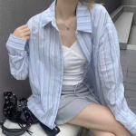 Moodne lahtine vabaaja triibuline s&auml;rk naistele kevad-suve jaoks, n&ouml;&ouml;bitav, p&auml;ikesekaitse pluusid, naiste topid, elegantne lihtne kontoridaamide s&auml;rk 26113 One Size sinine