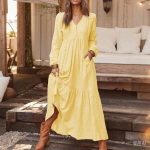 Women's Vintage Cotton Linen Dress - Summer Long Sleeve Flared Maxi Dress, Breathable Resort Wear & Everyday Boho Style XL tuhmkollane