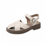 &Otilde;&otilde;nes haldjalik stiil nahast kootud retro Baotou Rooma sandaalid madalad hingavad naiste kingad 37 valge