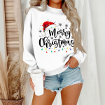 Naiste vabaaja mood &uuml;mara kaelusega pikkade varrukatega j&otilde;ulupildiga pusa XL valge