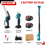 8-tolline harjadeta elektriline teleskoopvarrega saag-k&auml;&auml;rid 3IN1 5500W k&otilde;rgete oksade mootorsaag aiak&auml;&auml;rid t&ouml;&ouml;riist 21V 18V akule 2 Battery EU Plug
