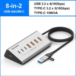 Mitme USB 3.2 dokkimisjaam 8/7 pordiga jaotur 10 Gbps Type C jaotur Alumiiniumisulamist adapter SD/TF-kaardilugejaga arvutile s&uuml;learutile gray