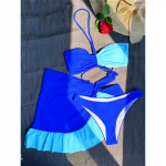Splicing With Ruffle Sarong Wrinkle Bikiinid Naiste ujumistrikoo Naiste Ujumisriided Kolmeosaline bikiinikomplekt Bather Bathing Suit Swim S sinine