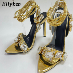 Eilyken New Style Gladiator Crystal Diamond Naiste sandaalid Suvised pahkluudega n&ouml;&ouml;riga Naiste terava varbaga kingad Sandalias de mujer 35 kuld