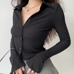 Viie v&auml;rvi mitmek&uuml;lgne Polo Lapel Flare Sleeve sviiter Naiste Ameerika &otilde;huke veniv pikkade varrukatega s&auml;rk S must
