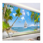 Seinatapeet 3D Merevaade Kookosp&auml;hklipuu maastik Fototapeet Elutoa Seinatapeet Magamistoas 200 cm(W) x 140 cm(H)
