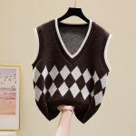 Vintage Argyle Plaid kootud kampsun vest Naiste varrukateta V-kaelusega pulloverid vestid kampsunid vabaaja kudumid vest 29065 One Size pruun