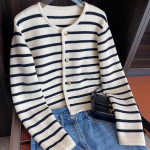 Originaalne ni&scaron;idisain kuldn&ouml;&ouml;biga triibuline kootud kardigan naiste kootud kampsun vabaaja pikkade varrukatega kampsun kardigan naiste topp One Size must