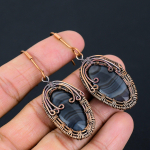 Natural Black Banded Agate Gemstone Copper Wire Wrap Gift Earring 2.56 o4o20
