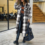 Naiste moer&otilde;ivad, ruuduline printimine, pikkade varrukatega rev&auml;&auml;riga pikk jakk Trench-mantel L hall v&auml;rv