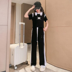 T&uuml;drukute teismeliste spordikomplektid Lastele l&uuml;hikeste varrukatega T-s&auml;rk + laia s&auml;&auml;rega p&uuml;ksid, 2-osaline &uuml;likond, mood, vabaaja suvine jooksukost&uuml;&uuml;m 170 must