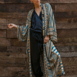 Geo Print ees lahtise v&ouml;&ouml;ga kimono, Boho pikkade varrukatega rannariided, naiste riided One-size meresinine v&auml;rv