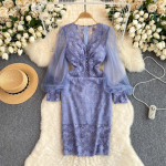 Prantsuse vintage kleit Elegantne pitskleidid naistele 2024 Uus perspektiiv v&otilde;rk, mullvarrukad, liimitud Slim Fit Bodycon XL lilla