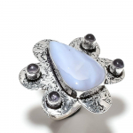 Natural Blue Lace Agate, Amethyst Gemstone 925 Sterling Silver Ring Size 8 m3e30