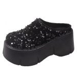Moodsad 8.5CM Uued Bling Platvormiga Naiste Sussid Moodsad Paksud K&otilde;rge Kontsaga Sandaalid Mugavad Rooma Stiilis &Uuml;mar Ninaga Slip-on Muulad Kingad Suvi 34 must