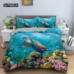 3D Merikilpkonna Voodipesukomplekt Ps&uuml;hhedeelne Loom Tekikott Voodikatted &Uuml;hekohaline Kahekohaline T&auml;issuuruses Kuninganna Kuningas Pol&uuml;ester Tepikott 140x200cm 3pcs