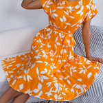 Vaba aeg l&uuml;hikeste varrukatega lilleline pitsiline plisseeritud kleit kevadsuvi naistele, keskmise pikkusega 4XL