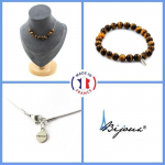 Pierres et Min&eacute;raux. Parure Bracelet Collier 10 perles Oeil de Tigre 8 mm. Chaine en acier Taille personnalisable.