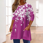 3/4 varrukatega taskutega topid naistele T-s&auml;rk Vabaaja tr&uuml;kiga keskmise pikkusega topid T-s&auml;rk &Uuml;mara kaelusega kampsun Pluus L lilla