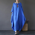 Pluss-suuruses naiste &uuml;mara kaelusega puuvillane linane kleit pikkade varrukatega, &uuml;hev&auml;rviline retrokleit suvine lahtine maxi kleidid XXXXXL sinine