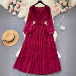 Vintage &scaron;ifoonist pikk kleit naistele Elegantne V-kaelusega pikkade varrukatega vabaajakleidid Prantsuse plisseeritud &otilde;huke A-line pikk r&uuml;&uuml; Vestidos One Size